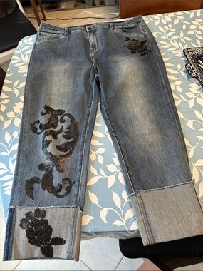 Soft Surroundings Mid-Blue Jeans with Black Sequin Floral Accents